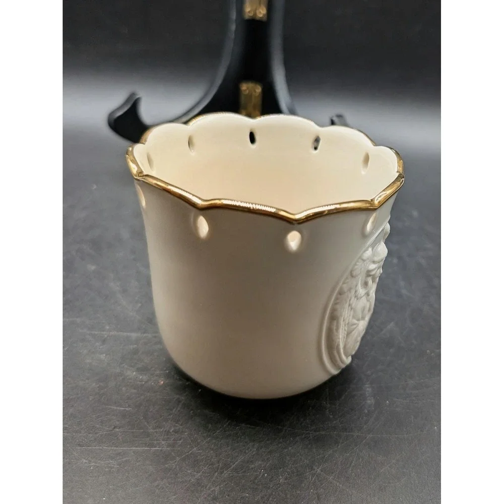 Lenox Ivory China Praying Angel Votive Candle Holder Gold Trim Pierced Scalloped